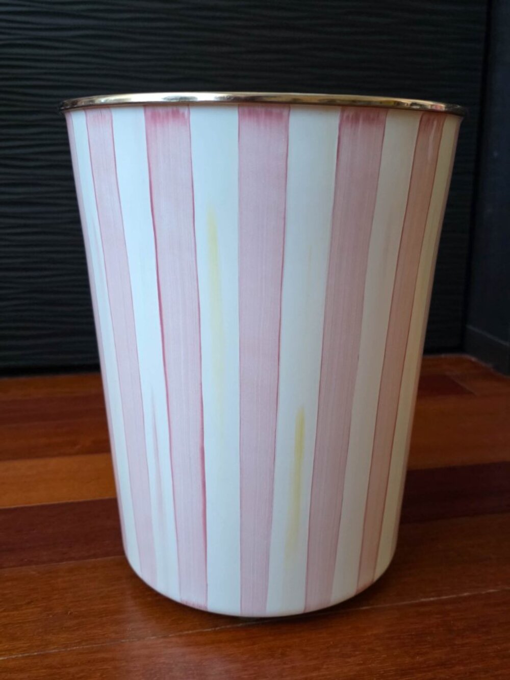 MacKenzie-Childs Bathing Hut Pink Stripe Enamel Wastebasket Trash Bin Retired